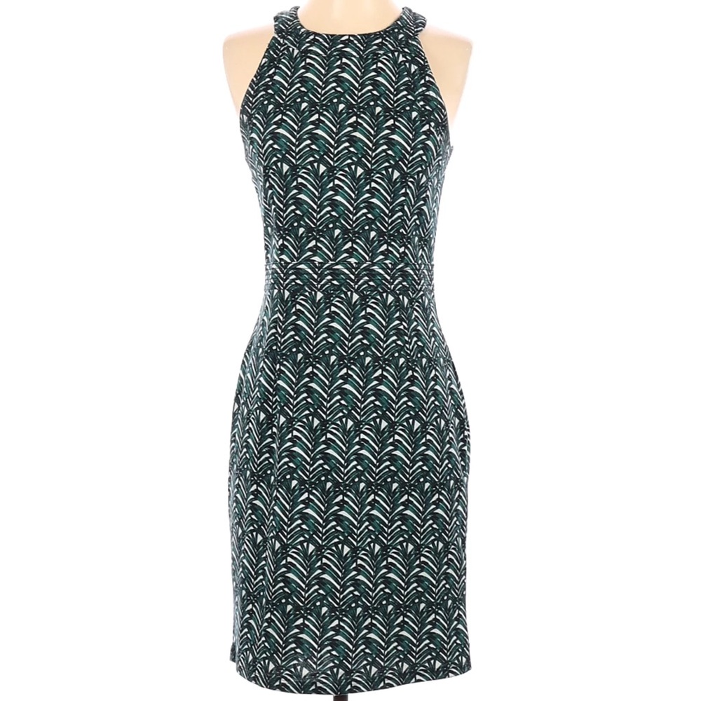 NWT H&M Sleeveless Green White Palm Leaf High Neck Halter Bodycon Dress Large